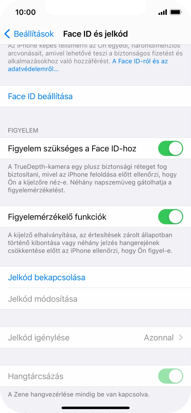Válaszd a Jelkód bekapcsolása lehetőséget, és írj be kétszer egymás után egy tetszőleges képernyőzárkódot.