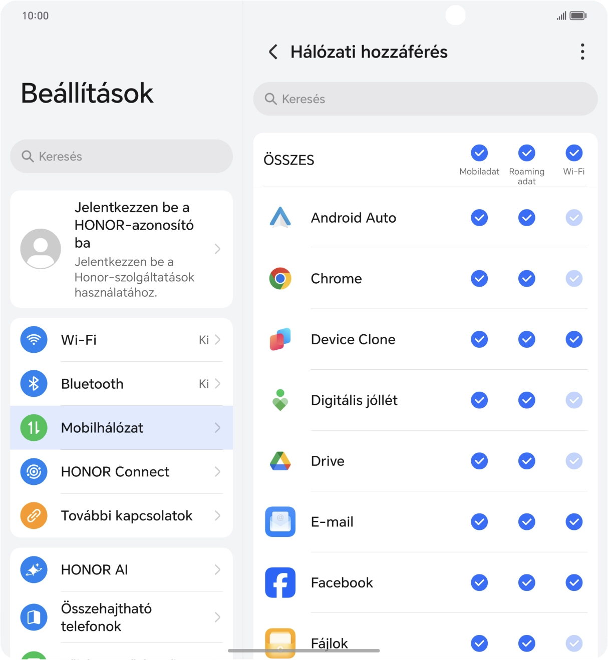Kattints a „Mobiladat” oszlopban lévő programnév melletti mezőre a funkció be- vagy kikapcsolásához. Kattints a „Mobiladat” oszlopban lévő programnév melletti mezőre a funkció be- vagy kikapcsolásához.
