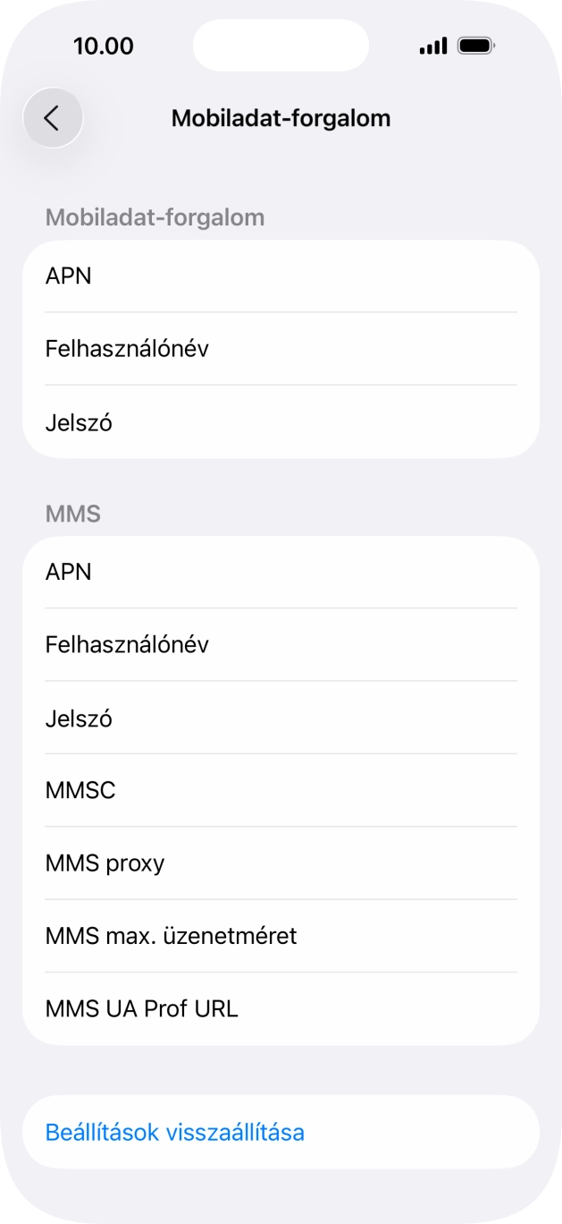 Válaszd az APN lehetőséget. Amennyiben előfizetésed van, írd be azt, hogy mms.
