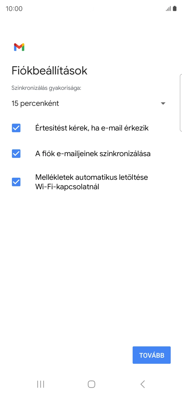 Amennyiben a kijelzőn ez a képernyőkép látható, az e-mail-fiókodat felismerte a rendszer, és automatikusan beállította. Kövesd a képernyőn megjelenő utasításokat  további adatok csatolásához, és fejezd be az új fiók létrehozását.