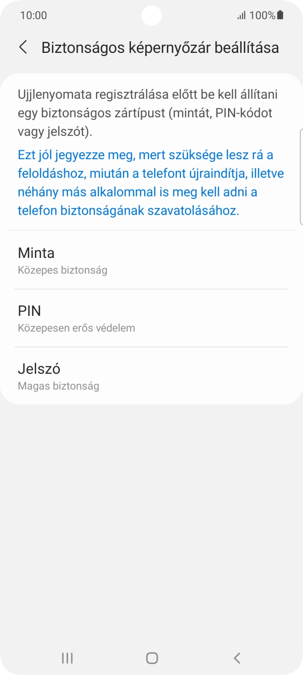Válaszd ki a kívánt képernyőzárkódot, és kövesd a kijelzőn megjelenő utasításokat egy extra képernyőzár létrehozásához. Válaszd ki a kívánt képernyőzárkódot, és kövesd a kijelzőn megjelenő utasításokat egy extra képernyőzár létrehozásához.