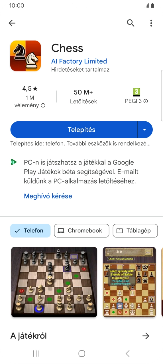Válaszd a Telepítés lehetőséget, és kövesd a képernyőn megjelenő utasításokat az alkalmazás telepítéséhez. Válaszd a Telepítés lehetőséget, és kövesd a képernyőn megjelenő utasításokat az alkalmazás telepítéséhez.