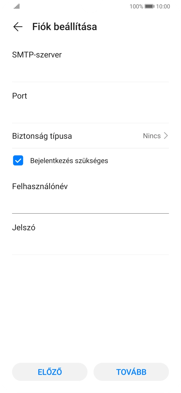 Kattints a „Jelszó” alatti mezőre, és írd be az e-mail szolgáltatód kimenő szerverének jelszavát.
