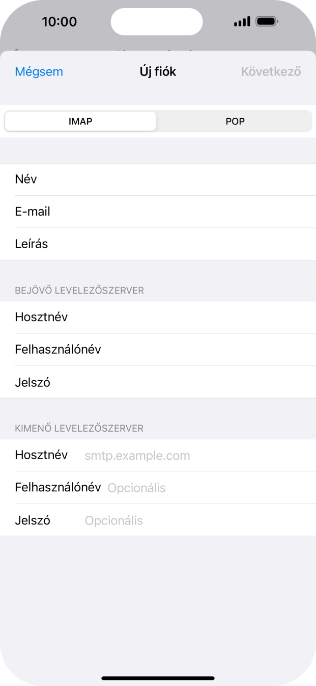 Kattints a Hosztnév mezőre, és írd be az e-mail szolgáltatód kimenő szerverének a nevét.