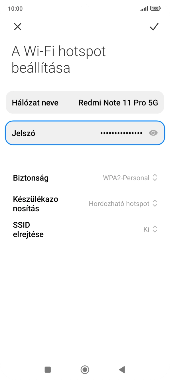 Válaszd a Hálózat neve lehetőséget, és írd be a Wi-Fi-hotspot kívánt nevét. Válaszd a Hálózat neve lehetőséget, és írd be a Wi-Fi-hotspot kívánt nevét.