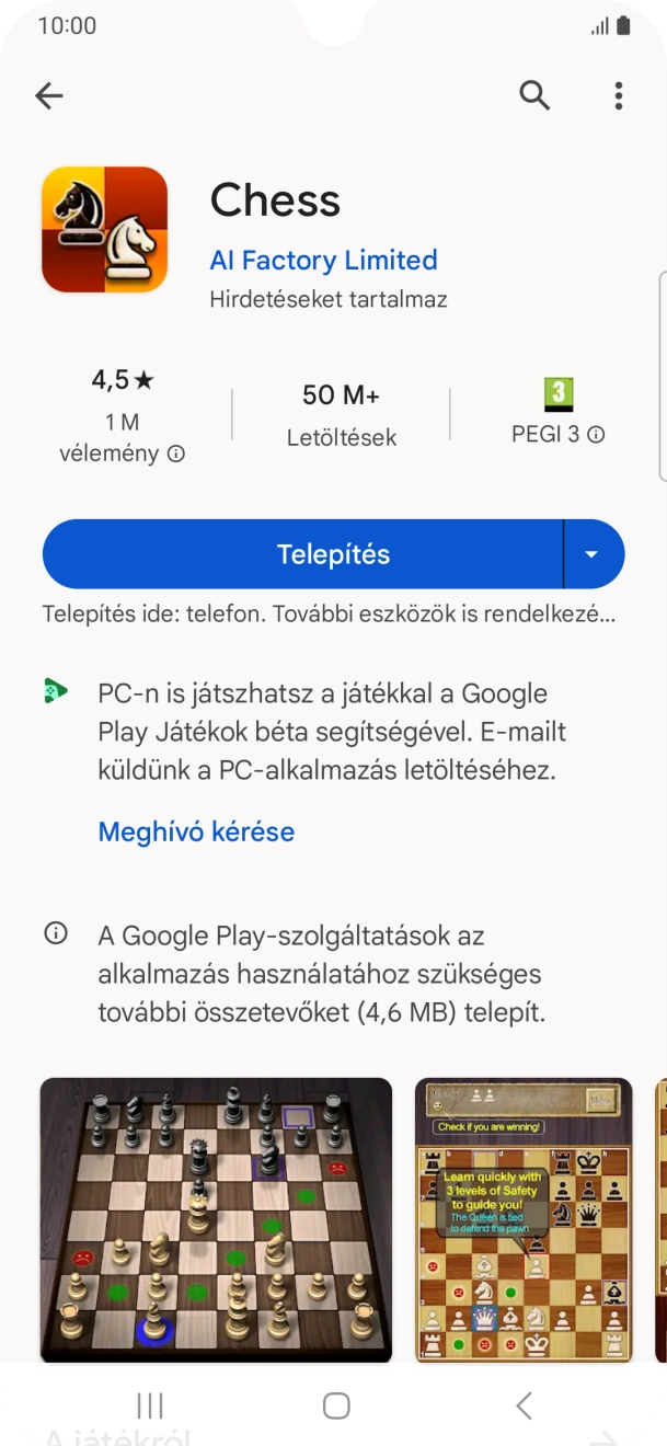 Válaszd a Telepítés lehetőséget, és kövesd a képernyőn megjelenő utasításokat az alkalmazás telepítéséhez. Válaszd a Telepítés lehetőséget, és kövesd a képernyőn megjelenő utasításokat az alkalmazás telepítéséhez.