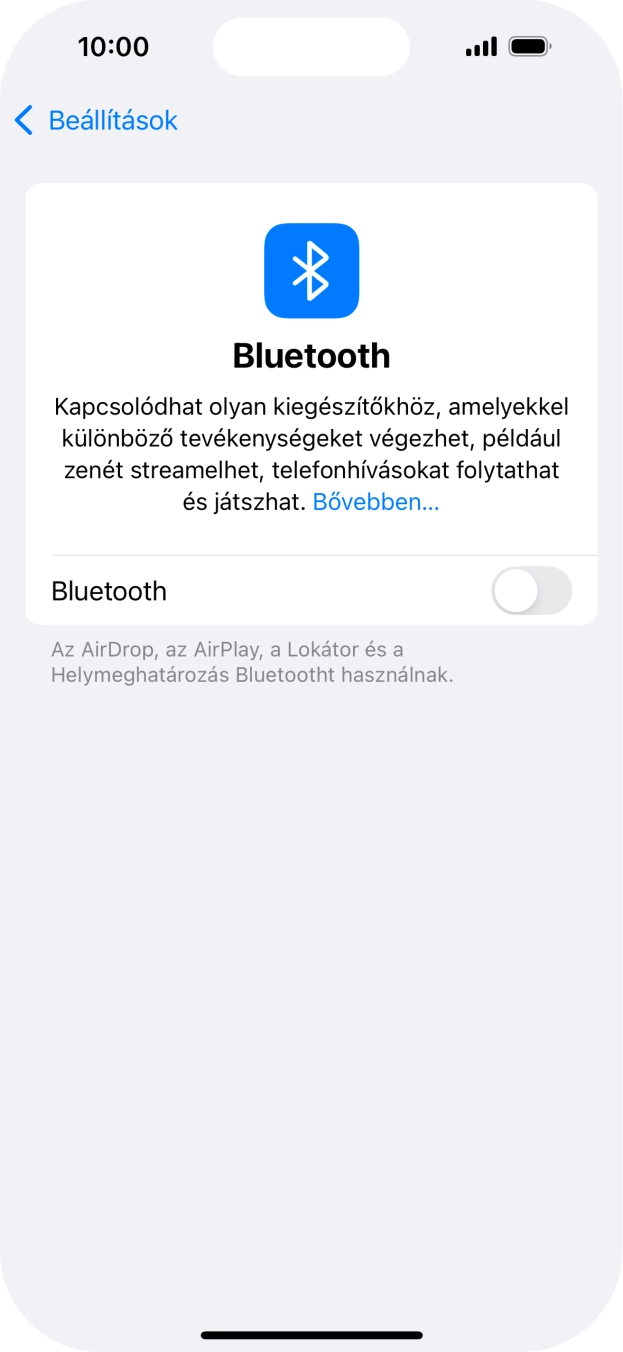 Kattints a „Bluetooth” melletti csúszkára a funkció bekapcsolásához. Kattints a „Bluetooth” melletti csúszkára a funkció bekapcsolásához.
