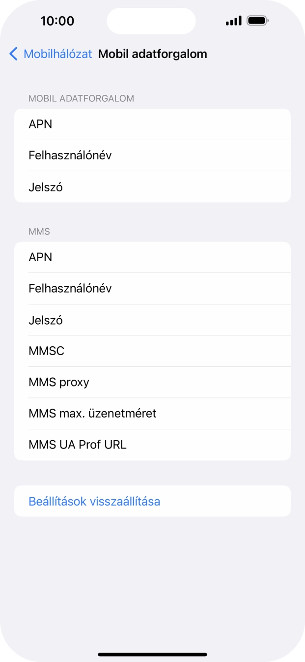 Válaszd az APN lehetőséget. Amennyiben előfizetésed van, írd be azt, hogy mms.