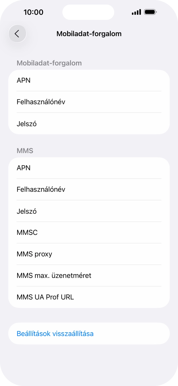 Válaszd az APN lehetőséget. Amennyiben előfizetésed van, írd be azt, hogy mms.