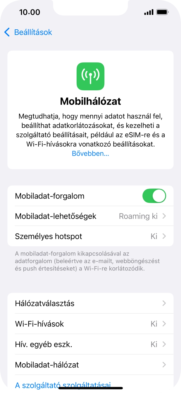 Kattints a „Mobiladat-forgalom” melletti csúszkára a funkció be- vagy kikapcsolásához. Kattints a „Mobiladat-forgalom” melletti csúszkára a funkció be- vagy kikapcsolásához.