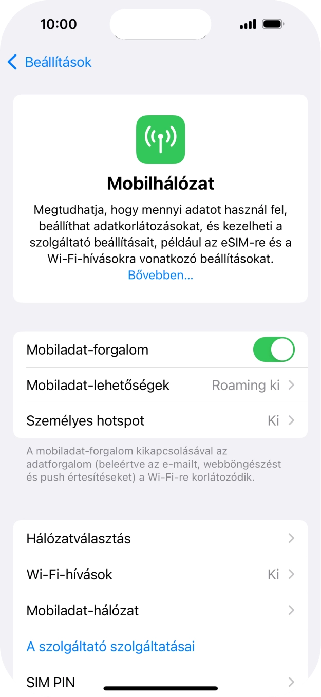 Kattints a „Mobiladat-forgalom” melletti csúszkára a funkció be- vagy kikapcsolásához. Kattints a „Mobiladat-forgalom” melletti csúszkára a funkció be- vagy kikapcsolásához.