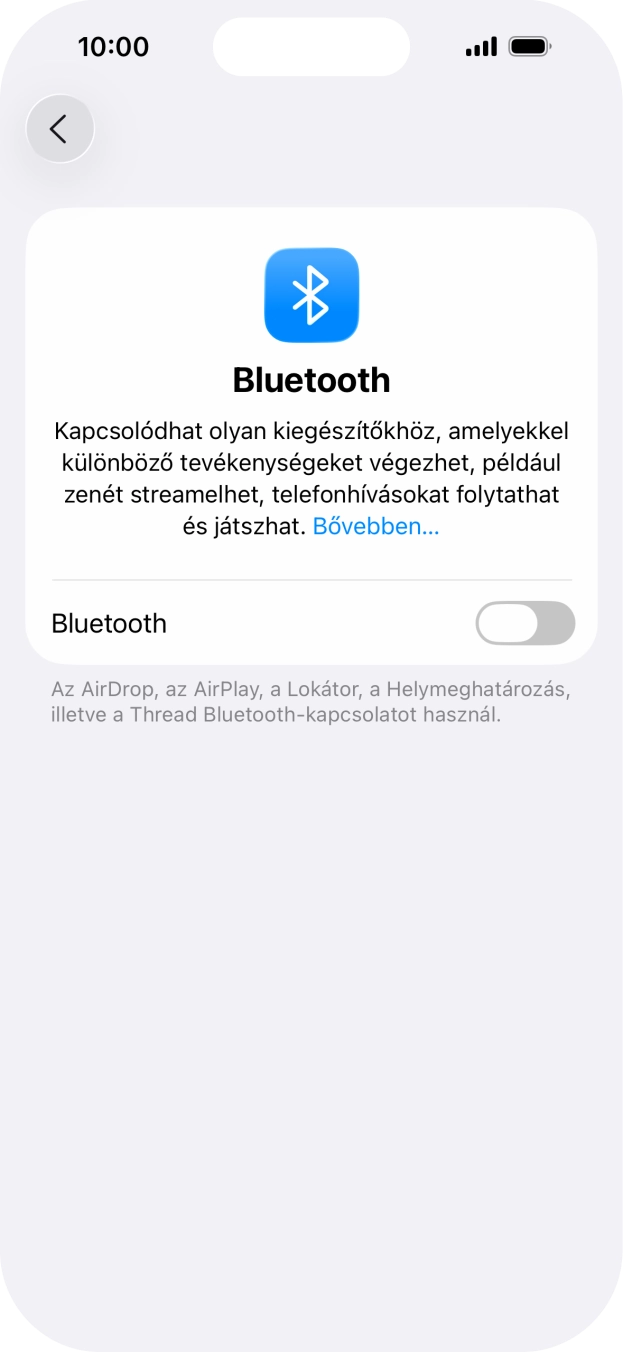 Kattints a „Bluetooth” melletti csúszkára a funkció bekapcsolásához. Kattints a „Bluetooth” melletti csúszkára a funkció bekapcsolásához.