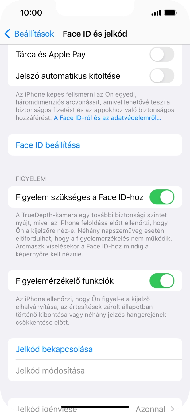Válaszd a Jelkód bekapcsolása lehetőséget, és írj be kétszer egymás után egy tetszőleges képernyőzárkódot.