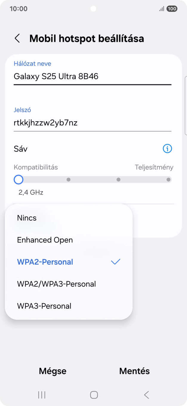 Válaszd a WPA3-Personal lehetőséget, ha jelszóval szeretnéd védeni a Wi-Fi hotspotodat. Válaszd a WPA3-Personal lehetőséget, ha jelszóval szeretnéd védeni a Wi-Fi hotspotodat.