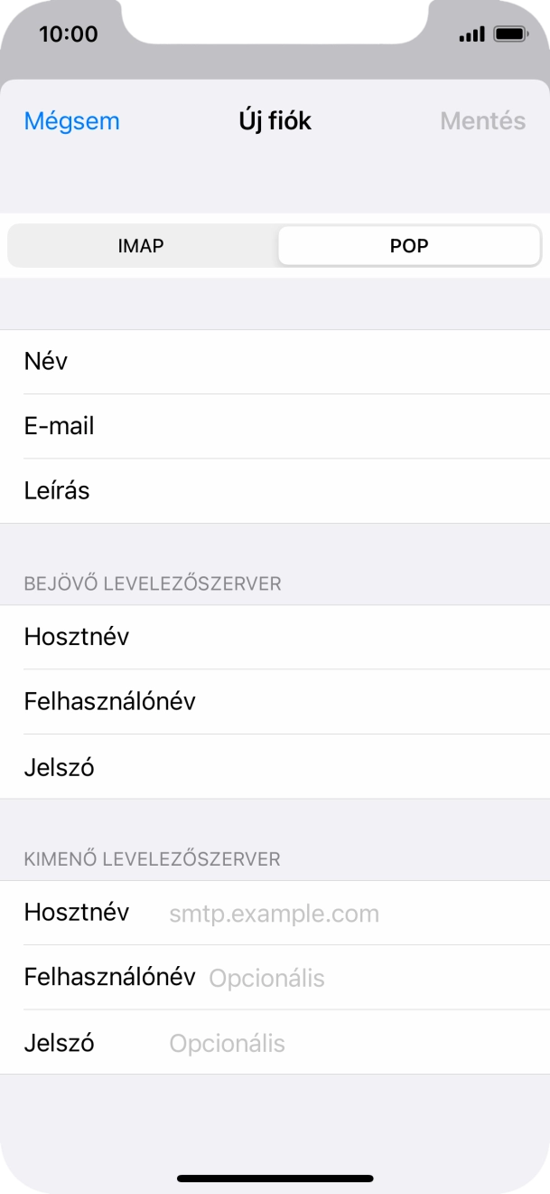 Kattints a Hosztnév mezőre, és írd be az e-mail szolgáltatód kimenő szerverének a nevét.