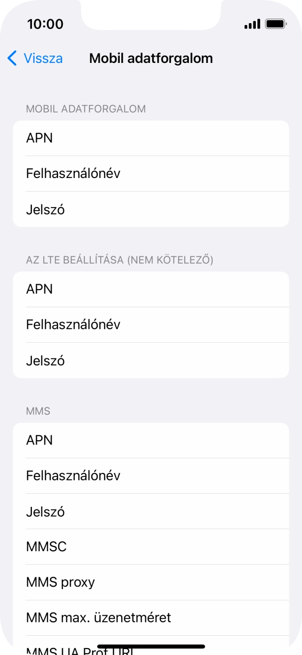 Válaszd az APN lehetőséget. Amennyiben előfizetésed van, írd be azt, hogy mms.