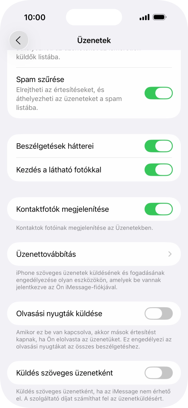 Kattints a „Küldés szöveges üzenetként” melletti csúszkára a funkció be- vagy kikapcsolásához. Kattints a „Küldés szöveges üzenetként” melletti csúszkára a funkció be- vagy kikapcsolásához.