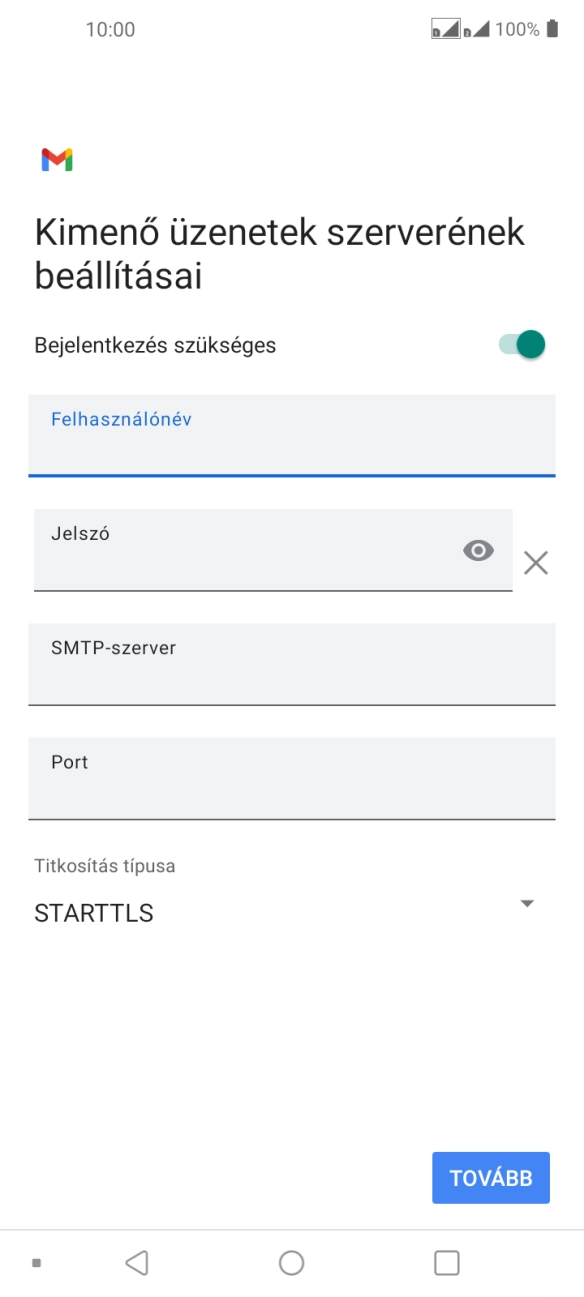 Kattints a „Jelszó” alatti mezőre, és írd be az e-mail szolgáltatód kimenő szerverének jelszavát.