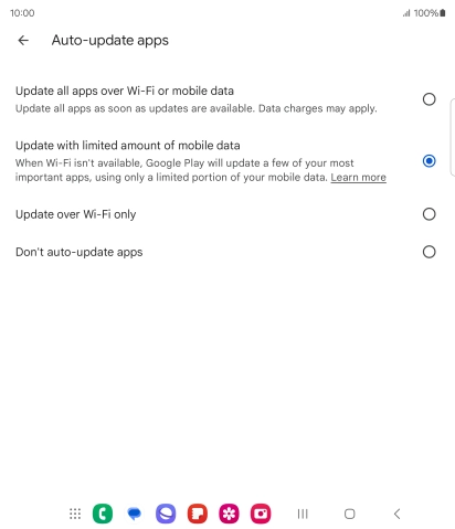 To turn on automatic update of apps using mobile network, press Update all apps over Wi-Fi or mobile data. To turn on automatic update of apps using mobile network, press Update all apps over Wi-Fi or mobile data.