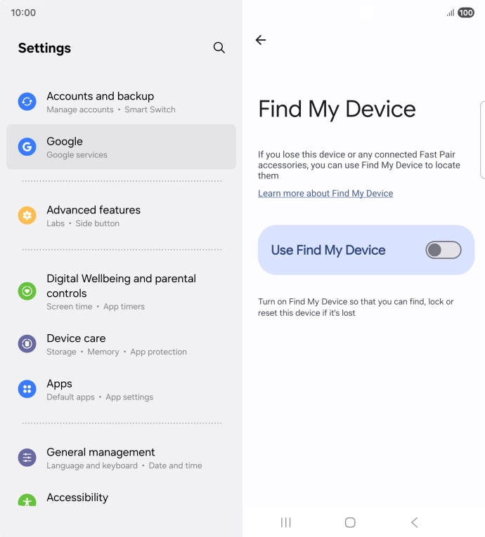 Press the indicator next to 'Use Find My Device' to turn on the function.