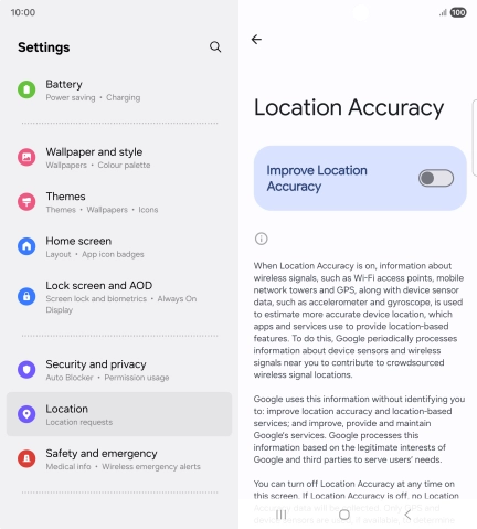 If you press the indicator next to 'Improve Location Accuracy' to turn on the function, your phone can find your exact position using the GPS satellites, the mobile network and nearby WiFi networks. Satellite-based GPS requires a clear view of the sky.