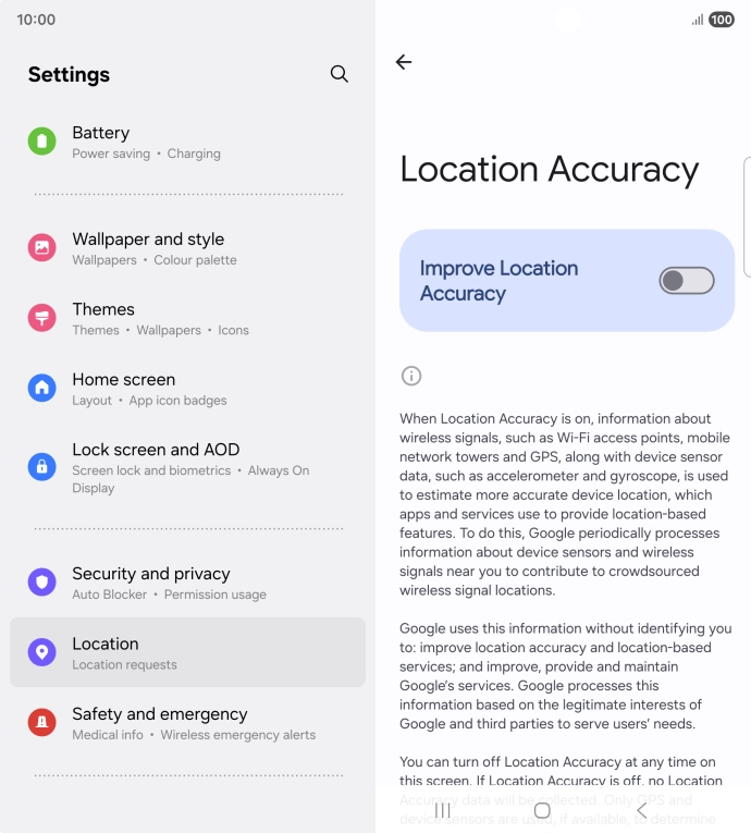 If you press the indicator next to 'Improve Location Accuracy' to turn on the function, your phone can find your exact position using the GPS satellites, the mobile network and nearby WiFi networks. Satellite-based GPS requires a clear view of the sky. If you press the indicator next to 'Improve Location Accuracy' to turn on the function, your phone can find your exact position using the GPS satellites, the mobile network and nearby WiFi networks. Satellite-based GPS requires a clear view of the sky.