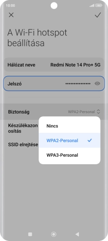 Válaszd a WPA3-Personal lehetőséget, ha jelszóval szeretnéd védeni a Wi-Fi hotspotodat.
