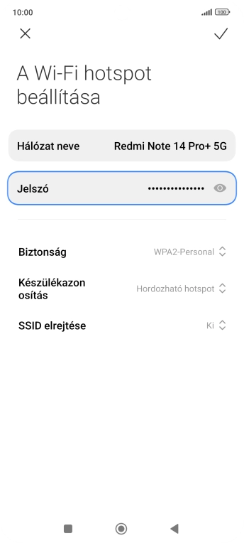 Válaszd a Hálózat neve lehetőséget, és írd be a Wi-Fi-hotspot kívánt nevét.