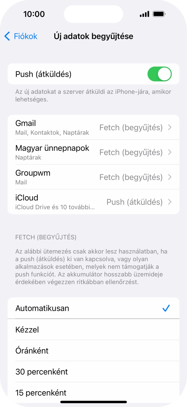 Kattints a „Push (átküldés)” melletti csúszkára a funkció be- vagy kikapcsolásához.