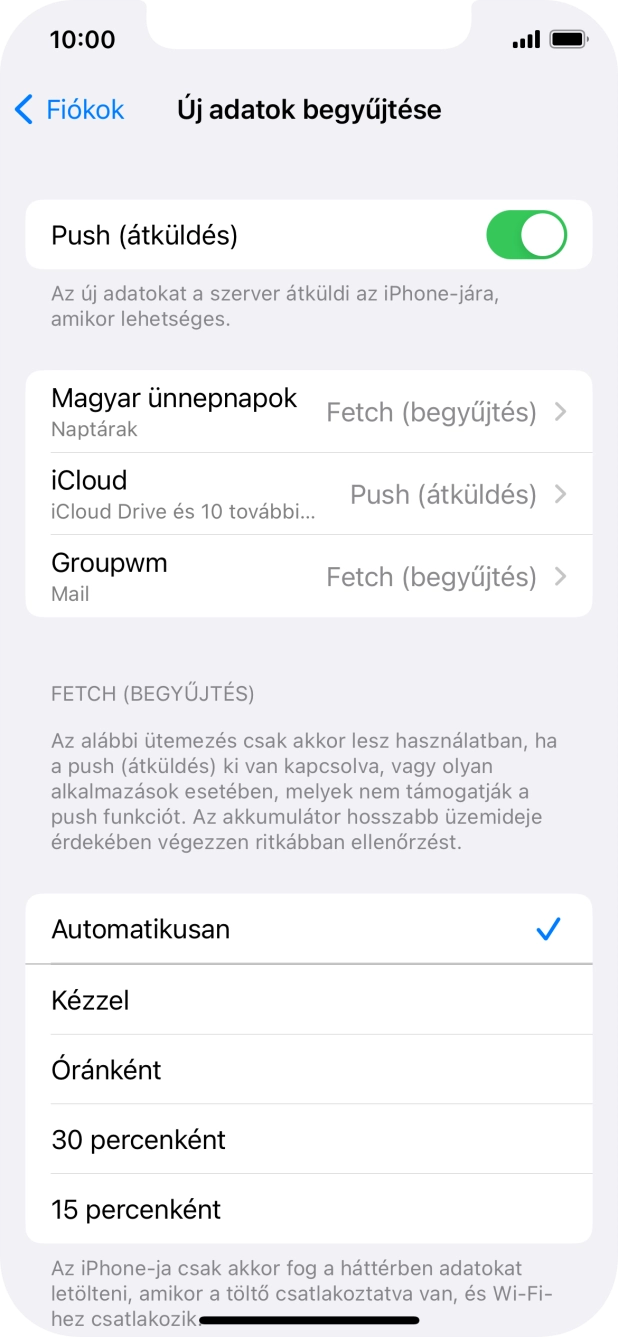 Kattints a „Push (átküldés)” melletti csúszkára a funkció be- vagy kikapcsolásához.