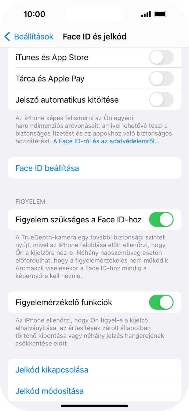 Válaszd a Jelkód kikapcsolása lehetőséget a funkció be- vagy kikapcsolásához.