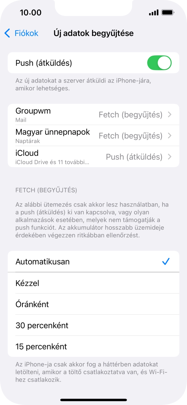 Kattints a „Push (átküldés)” melletti csúszkára a funkció be- vagy kikapcsolásához.