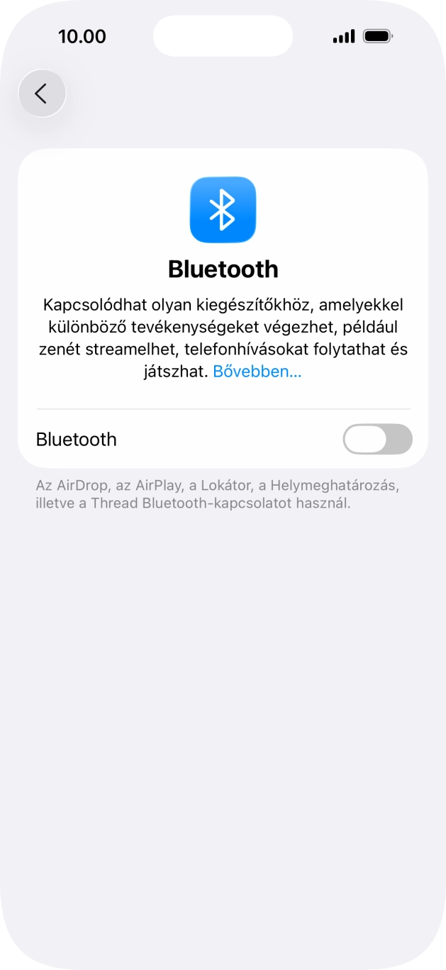 Kattints a „Bluetooth” melletti csúszkára a funkció bekapcsolásához. Kattints a „Bluetooth” melletti csúszkára a funkció bekapcsolásához.