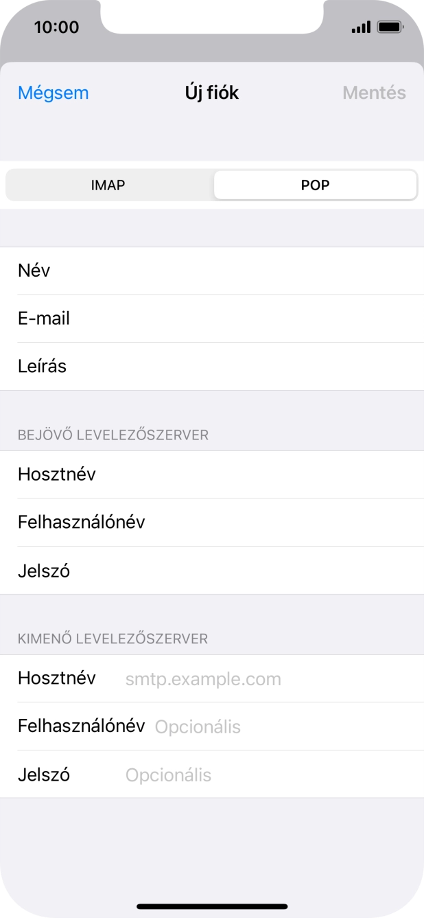 Kattints a Hosztnév mezőre, és írd be az e-mail szolgáltatód kimenő szerverének a nevét.