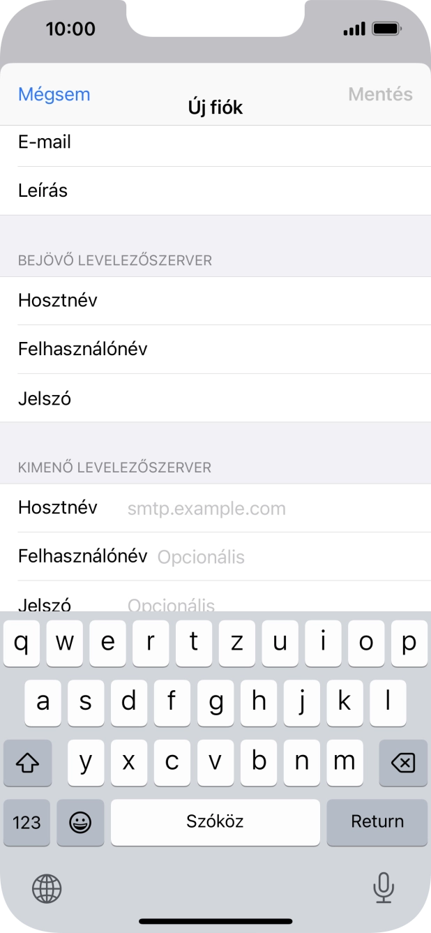 Kattints a Hosztnév mezőre, és írd be az e-mail szolgáltatód kimenő szerverének a nevét.