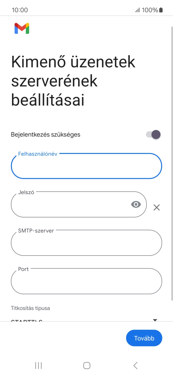 Kattints a „Jelszó” alatti mezőre, és írd be az e-mail szolgáltatód kimenő szerverének jelszavát.