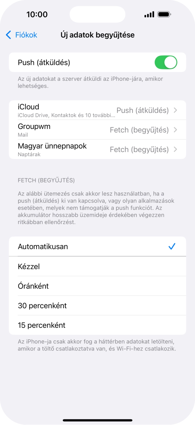 Kattints a „Push (átküldés)” melletti csúszkára a funkció be- vagy kikapcsolásához.