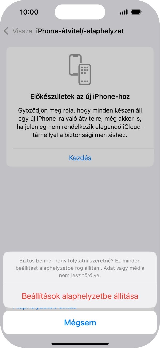 Válaszd a Beállítások alaphelyzetbe állítása lehetőséget. Várj egy kicsit, amíg a telefon visszaállítja a gyári beállításokat. A telefon konfigurálásához és ahhoz, hogy üzemkész állapotba hozd, kövesd a képernyőn megjelenő utasításokat.