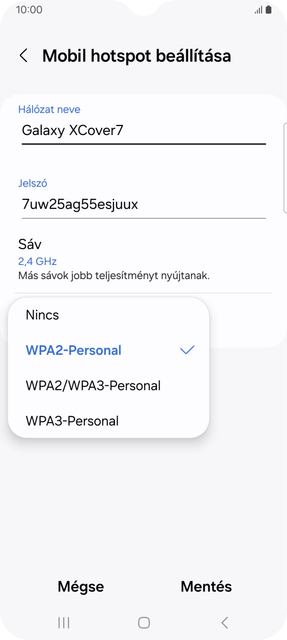 Válaszd a WPA3-Personal lehetőséget, ha jelszóval szeretnéd védeni a Wi-Fi hotspotodat.