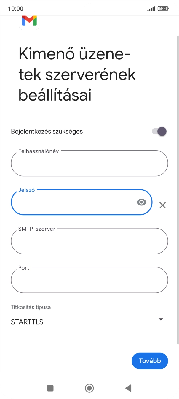 Kattints az „SMTP-szerver” alatti mezőre, és írd be az e-mail szolgáltatód kimenő szerverének a nevét.