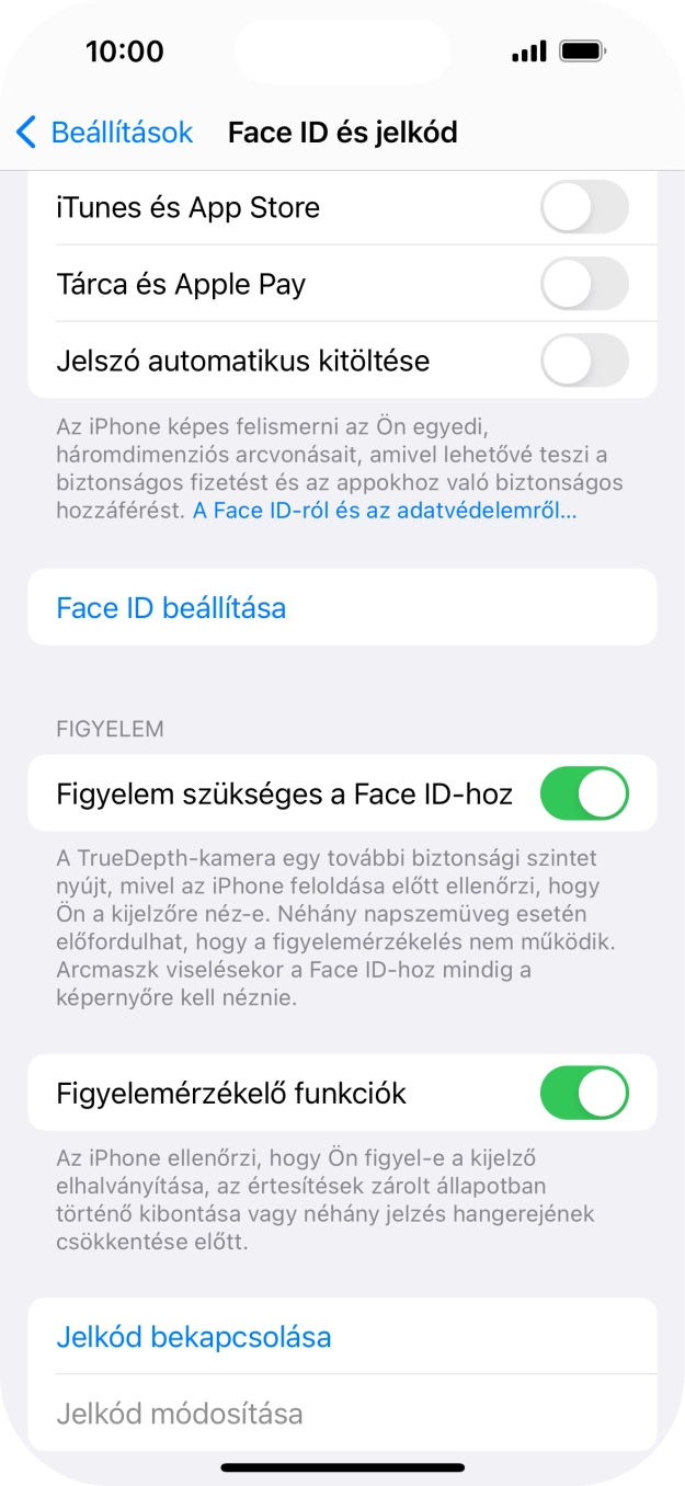 Válaszd a Jelkód bekapcsolása lehetőséget, és írj be kétszer egymás után egy tetszőleges képernyőzárkódot. Válaszd a Jelkód bekapcsolása lehetőséget, és írj be kétszer egymás után egy tetszőleges képernyőzárkódot.