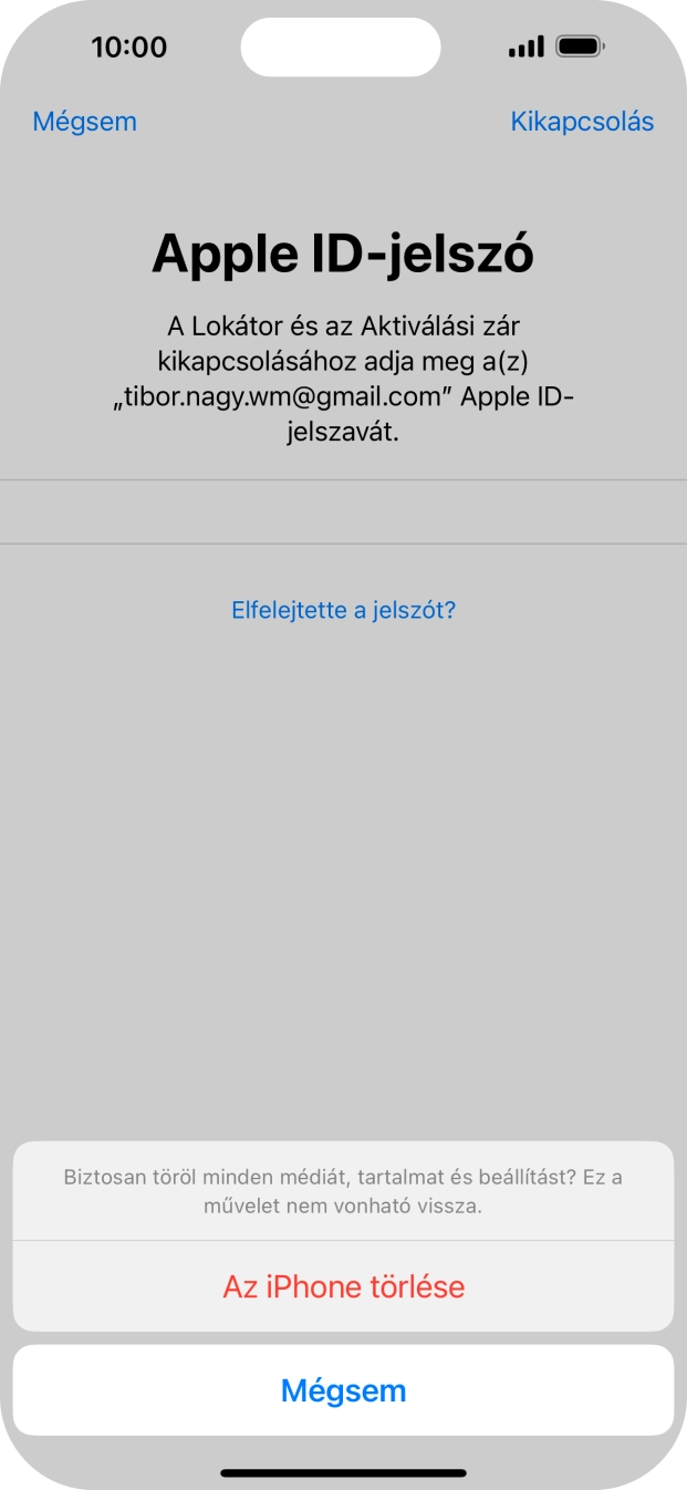 Írd be az Apple ID-hoz tartózó jelszót, és válaszd Az iPhone törlése lehetőséget. Várj egy kicsit, amíg a telefon visszaállítja a gyári beállításokat. A telefon konfigurálásához és ahhoz, hogy üzemkész állapotba hozd, kövesd a képernyőn megjelenő utasításokat. Írd be az Apple ID-hoz tartózó jelszót, és válaszd Az iPhone törlése lehetőséget. Várj egy kicsit, amíg a telefon visszaállítja a gyári beállításokat. A telefon konfigurálásához és ahhoz, hogy üzemkész állapotba hozd, kövesd a képernyőn megjelenő utasításokat.