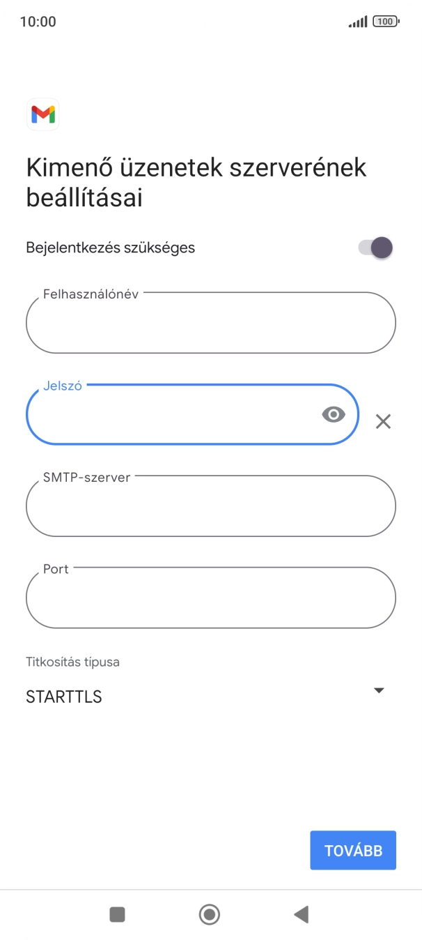 Kattints az „SMTP-szerver” alatti mezőre, és írd be az e-mail szolgáltatód kimenő szerverének a nevét.