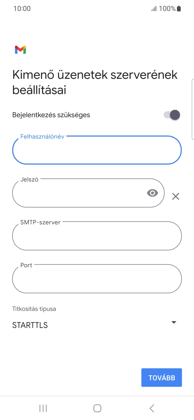 Kattints a „Jelszó” alatti mezőre, és írd be az e-mail szolgáltatód kimenő szerverének jelszavát.