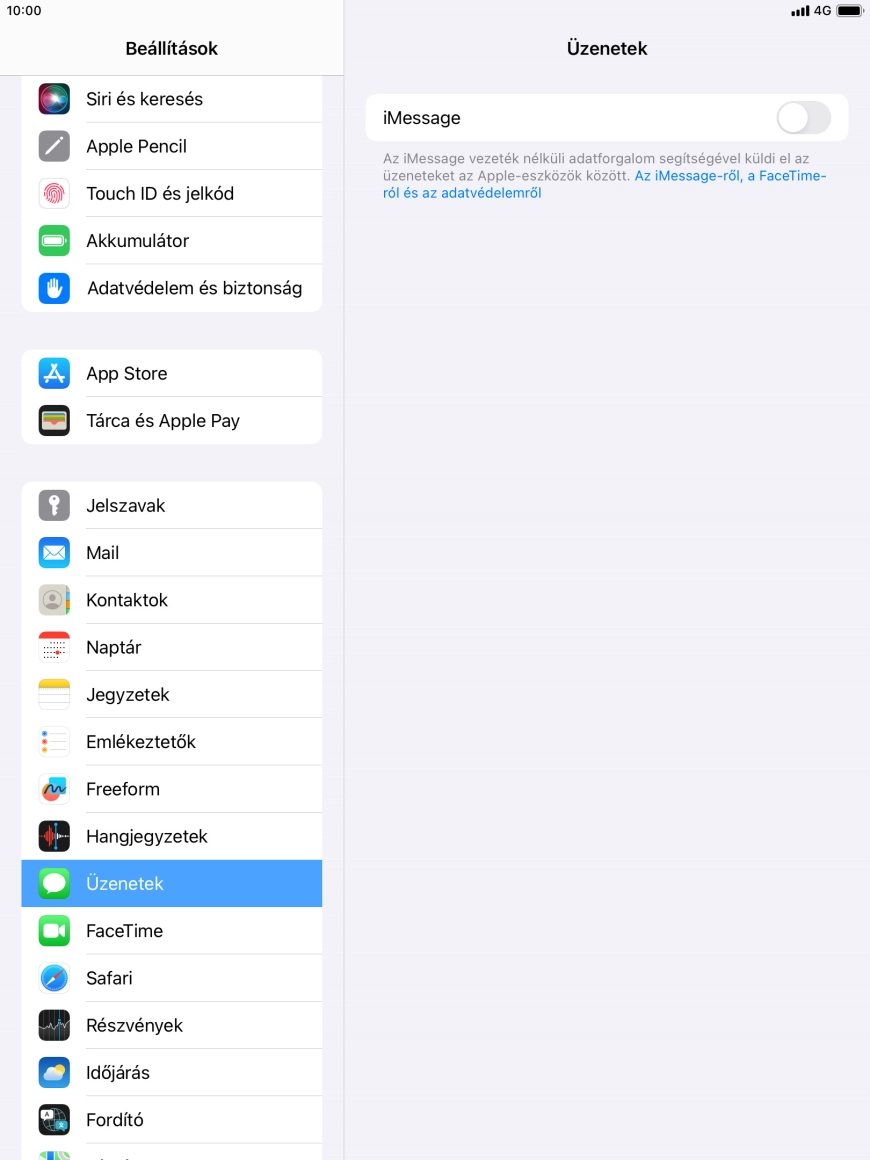 Kattints az „iMessage” melletti csúszkára a funkció bekapcsolásához. Kattints az „iMessage” melletti csúszkára a funkció bekapcsolásához.
