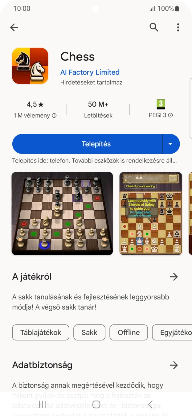 Válaszd a Telepítés lehetőséget, és kövesd a képernyőn megjelenő utasításokat az alkalmazás telepítéséhez. Válaszd a Telepítés lehetőséget, és kövesd a képernyőn megjelenő utasításokat az alkalmazás telepítéséhez.