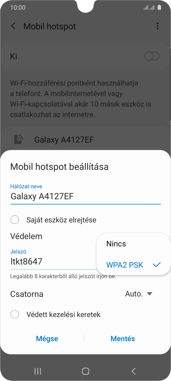 Válaszd a WPA2 PSK lehetőséget, ha jelszóval szeretnéd védeni a Wi-Fi hotspotodat.