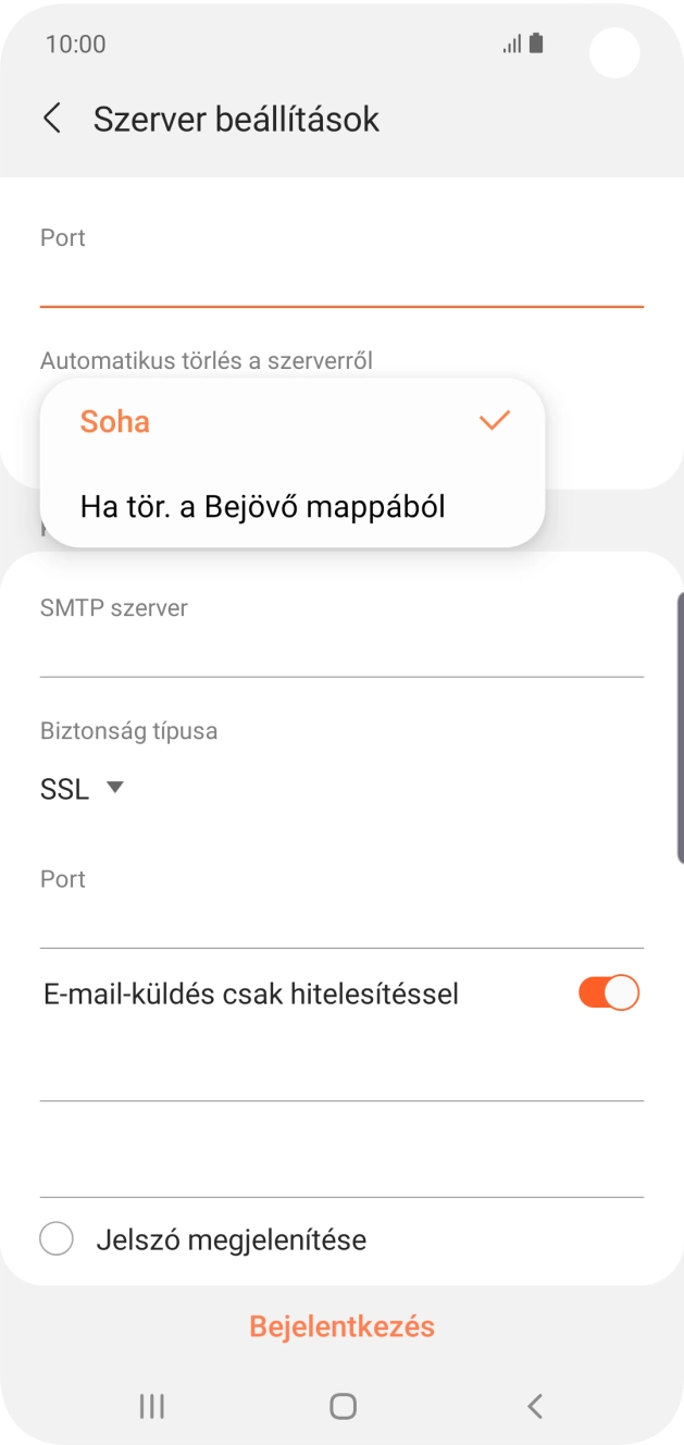 Válaszd a Soha lehetőséget ahhoz, hogy az e-mailek megtalálhatóak legyenek a szerveren, miután a telefonról törölted őket.