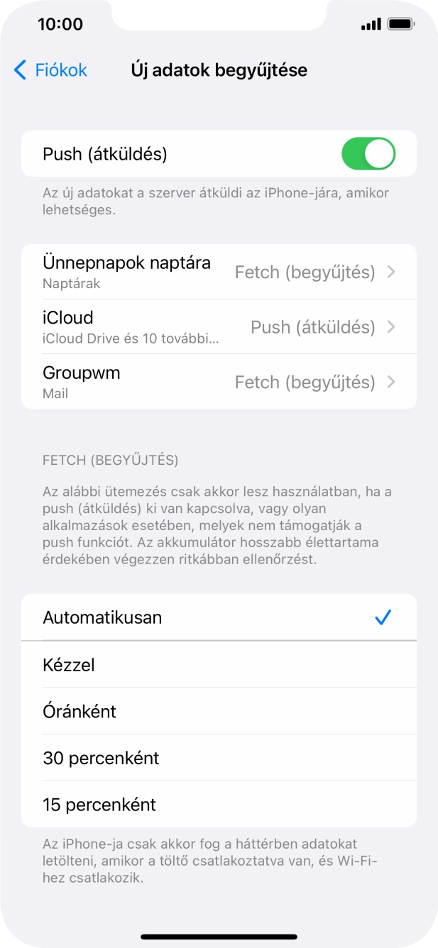 Kattints a „Push (átküldés)” melletti csúszkára a funkció be- vagy kikapcsolásához.