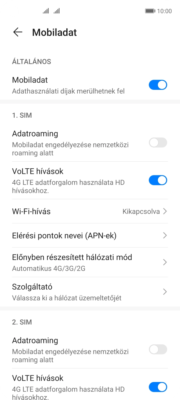 Válaszd az Elérési pontok nevei (APN-ek) lehetőséget a kiválasztott SIM-kártya alatt.